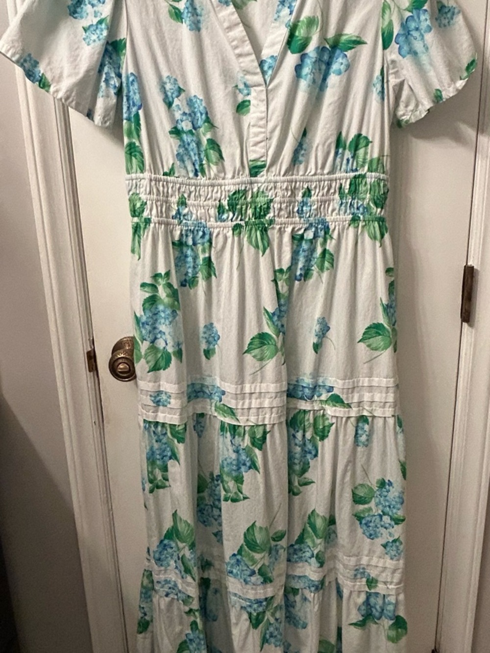 Crown & Ivy White Floral Maxi Dress with Blue & Green Hydrangea Print